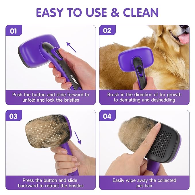 Dog Brush Kit – 3 PCS Grooming Set with Self-Cleaning Brush, Undercoat Rake & Pet Bath Brush. Great for Shedding, Tangles & Dirt Removal – Ideal for Long & Short Haired Dogs & Cats, Purple-PawvioPets
