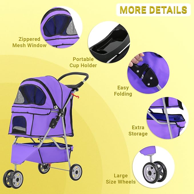 Foldable Pet Stroller,Dog Stroller with 3 Wheel,Pet Strolling Cart,Dog Travel Carrier with Storage Basket and Cup Holder for Dog Puppy,Purple-PawvioPets