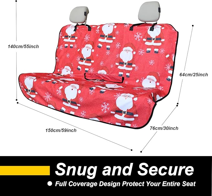 Back Seat Cover for Car Trucks Van SUV,Waterproof Rear Bench Towel Seat Covers for Dogs and Kids,Automotive Backseat Protector (Santa Claus)-PawvioPets