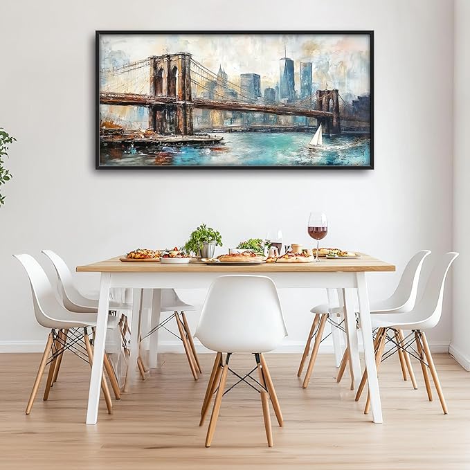 Extra Large Framed Brooklyn Bridge Wall Art,New York City Wall Decor,Abstract Skyline Cityscape Pictures for Living Room,Canvas Print Painting Modern Artwork Bedroom Office Bathroom 60L x30W-PawvioPets