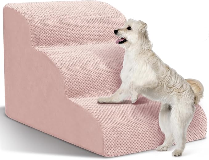 Dog Stairs for Small Dogs - High Density Foam Pet Steps, Extra Wide Dog Ramp with Non-Slip Bottom for High Beds, Couch and Sofa, Best for Dogs Injured, Older Doggy Cats,3 Steps, Pink-PawvioPets