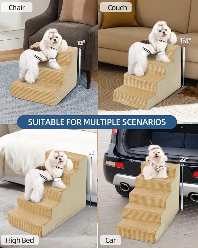 Dog Stairs for Small Dogs,17.5" H,4-Step Dog Steps for Bed and Couch with High Density Foam,Non-Slip Pet Steps for Doggy and Cat,Pet Stairs with a Washable Cover,Khaki-PawvioPets