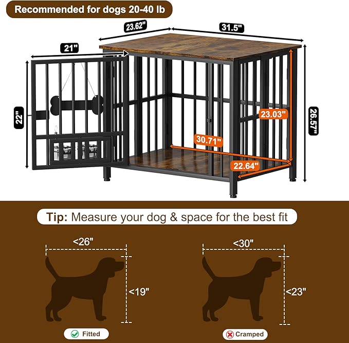 Easycom 31" Dog Crate Furniture Foldable, No Assembly Decorative Dog Kennel Indoor, Dog Crates for Small Dogs (20-40 lbs), Wooden Dog Cage with Adjustable Bowls and Name Tag, End Table, Rustic Brown-PawvioPets