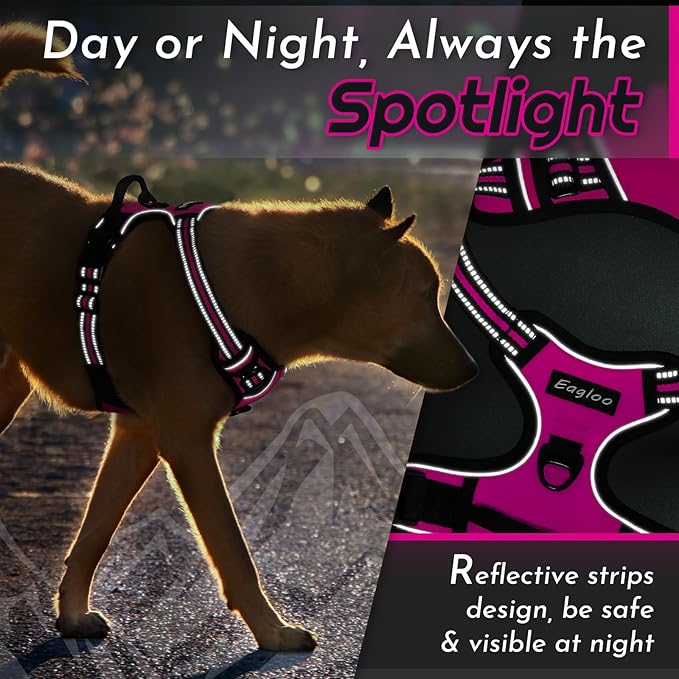 Eagloo Dog Harness Large Breed, No Pull Service Vest with Reflective Strips and Control Handle, Adjustable and Comfortable for Easy Walking, No Choke Pet Harness with 2 Metal Rings, Rose Red, XL-PawvioPets