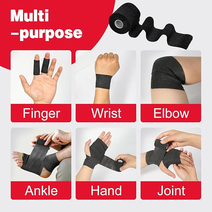 AZEN 8 Pack Self Adhesive Bandage Wrap, 2" X 5 Yards Elastic Cohesive Bandage Wrap, Black Athletic Tape, Vet Wrap, Ankle Tape, Tattoo Grip Tape Wrap-PawvioPets