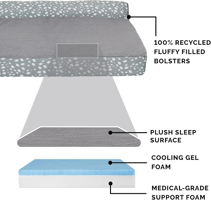 Furhaven Cooling Gel Dog Bed for Large Dogs w/ Removable Bolsters & Washable Cover, For Dogs Up to 125 lbs - Plush & Almond Print L Shaped Chaise - Gray Almonds, Jumbo Plus/XXL-PawvioPets