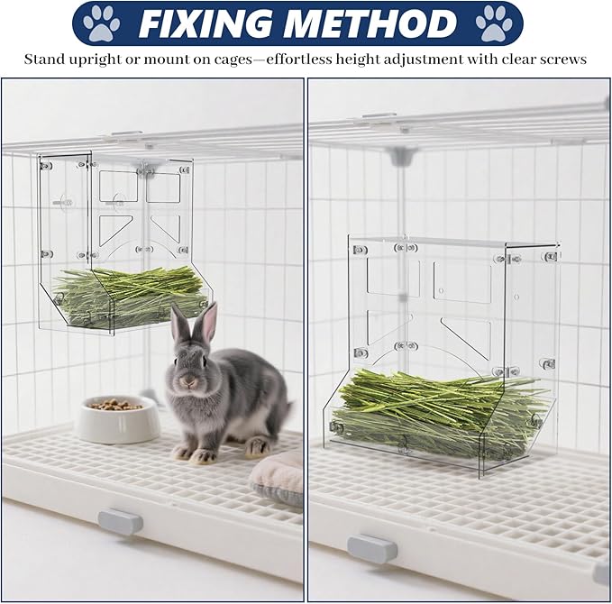 Acrylic Rabbit Hay Feeder with Lid, Transparent Hanging Food Dispenser Hay Feeder for Bunny Rabbits Guinea Pig Cage Chinchillas Hamsters Small Pets and Animals（Large-PawvioPets