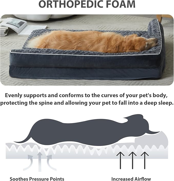 BFPETHOME Extra Large Orthopedic Dog Bed, L-Shaped Pet Bed for Dogs up to 100 lbs, Waterproof, Removable Washable Cover, Non-Slip Base, 48 x 35 x 7.5 inches, Dark Grey-PawvioPets