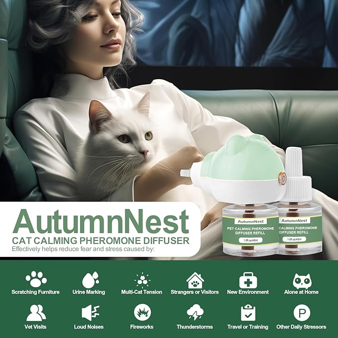 Cat Calming Diffuser Kit with 2 Plug-in & 4 Refills, Pheromone Diffuser for Cats Reducing Fighting, Scratching, Urine, Aggression, Anxiety, Fireworks, Vet Visits, Travel, 120 Day Supply, Safe Formula-PawvioPets