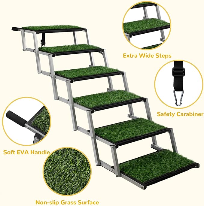 Extra Wide Dog Stairs for Car, Portable Folding Dog Ramps,Doggy Steps for Large Dogs with Non-Slip Grass Rug for Cars, SUV, Trucks, Lightweight Pet Ramp Supports Up to 200 lb, 6 Steps-PawvioPets