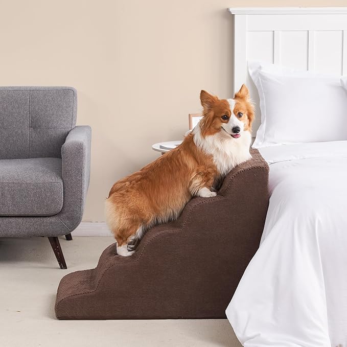 EHEYCIGA Curved Dog Stairs Ramp for High Beds, 5-Step Extra Wide Dog Steps for Small Dogs and Cats, Pet Stairs for High Bed Climbing, Non-Slip Balanced Pet Step Indoor, Brown-PawvioPets
