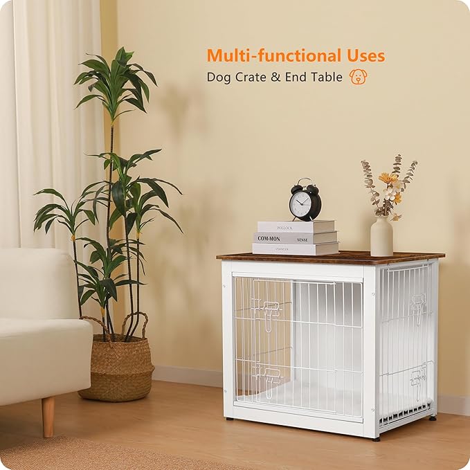 DWANTON Dog Crate Furniture with Cushion, Wooden Kennel Table with Double Doors, Indoor Dog House, Small/Medium/Large Size, 27.2" L, White+Rustic Brown-PawvioPets