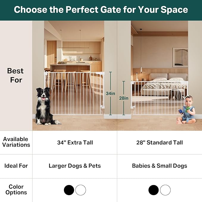Cumbor 34" Extra Tall No Bottom Bar Baby Gate for Stairs, Auto Close Dog Gate Indoor for Larger Pets, 31.6-48" Hardware Mounted Safety Gate for Doorways, Wide Walk Thru Door for Easy Access (White)-PawvioPets