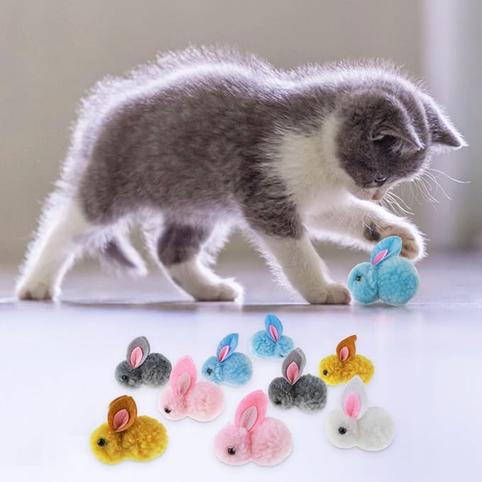 10Pcs Plush Toy Balls, Cute Bunny Shape Kitten Pompom Soft 5.5cm/2.16in Puff Ball Indoor Fun Colorful Cat Ball Toy Pom Pom Balls for Pet-PawvioPets