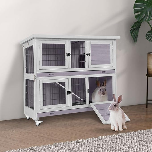 Aivituvin Rabbit Hutch Indoor, Folding Bunny Cage with Two Story, Rabbit Cage with Wheels, Anti Slip Ramp-PawvioPets