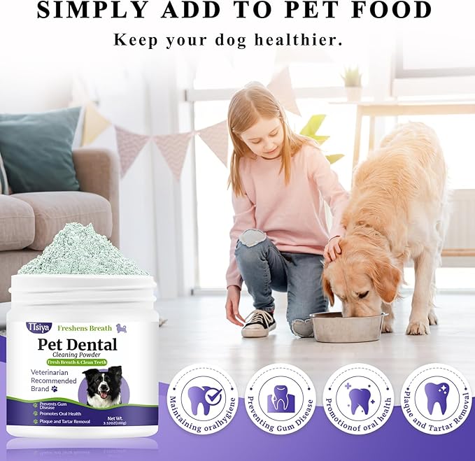 Dog Teeth Cleaning Powder, Pet Dental Powder -Dental Care, Dogs Breath Freshener with Probiotics for Tartar & Reduces Plaque & Bad Breath Teeth Cleaning for Small, Medium, Large Dogs 100g-PawvioPets