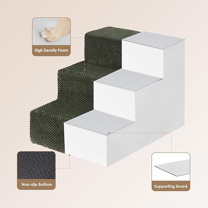 EHEYCIGA Dog Stairs for Small Dogs 13.5" H, 3-Step Dog Steps for Couch Sofa and Chair, Pet Steps for Medium Cats, Non-Slip Balanced Pet Ramp Indoor, Olive Green-PawvioPets