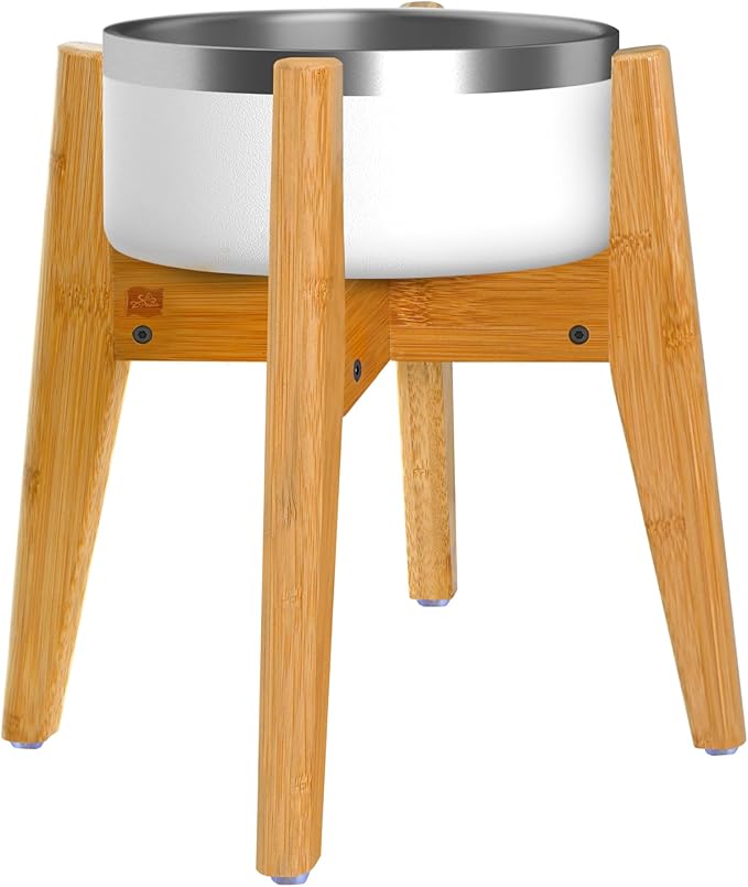 Dog Bowl Stand (14-inch High) - Ideal for Large Breeds, Use to Elevate, Raise Pet Dishes, Water Fountains and Slow Feeders - Adjustable Sideways, Bamboo - (Bowls not Included)-PawvioPets