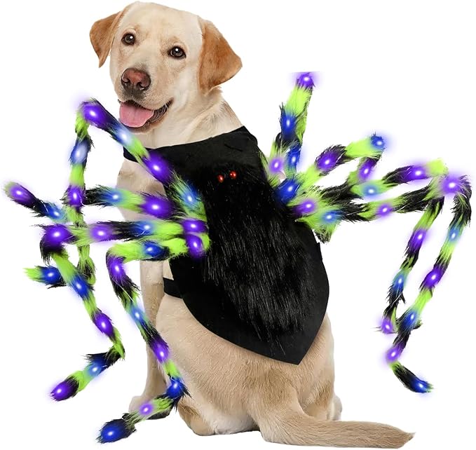Dog Halloween Costume Large Breed, Furry Dog Spider Costume with 64 LED, Funny Halloween Dogs Costumes for Large Dogs Medium Pet Halloween Party Cosplay (Green)-PawvioPets
