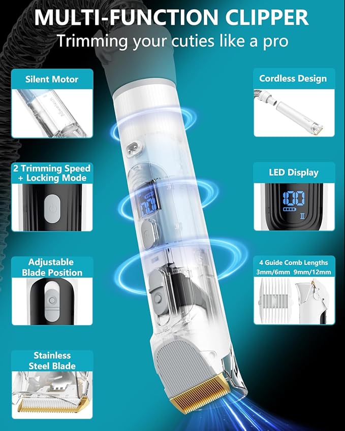 Dog Grooming Vacuum, Bawetech B2 5-in-1 Pet Grooming Kit with Dog Clipper, 11000Pa Suction | 2L Capacity | 113℉ Dryer | Low Noise Pet Hair Removal Tool Pet Supplies, 2025 Upgraded-PawvioPets