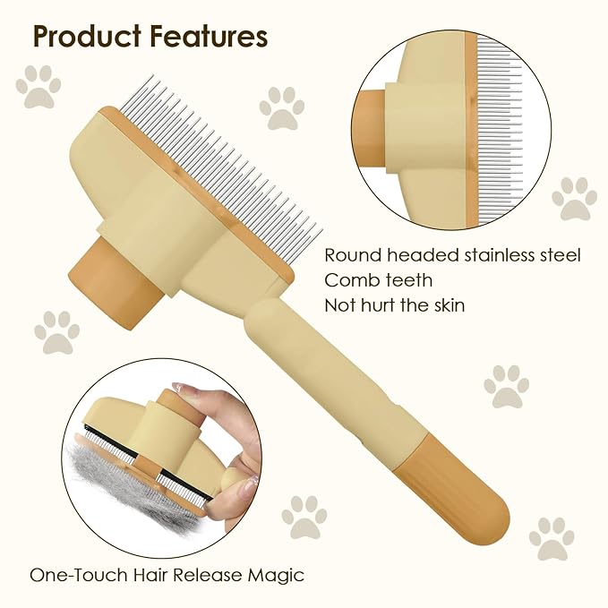 Flea Comb for Cat Hair Removal Comb, 2025 New Self-Cleaning Flea Brush for Cats and Dog, Comfort Cat Hair Removal Tool with Long & Short Stainless Steel Metal Grooming Brush(Yellow)-PawvioPets