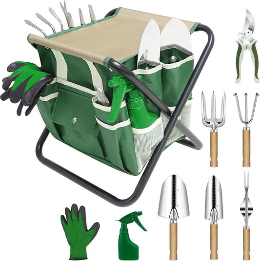Garden Tool Set, 10 Piece Kit with Heavy Duty Folding Stool, Detachable Storage Tote Bag, Stainless Steel Tools, Gifts for Women Men Green-PawvioPets