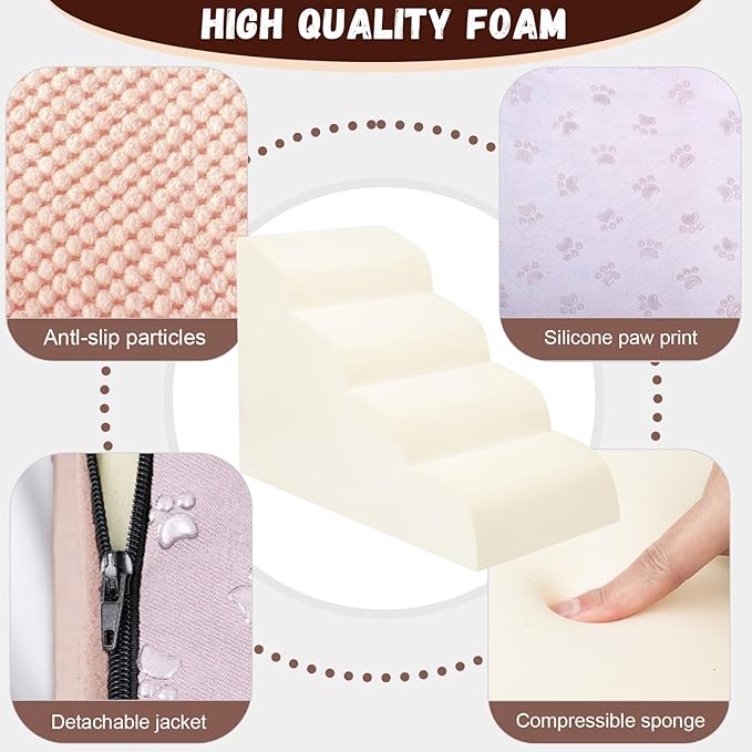Dog Stairs for Small Dogs - High Density Foam Pet Steps, Extra Wide Dog Ramp with Non-Slip Bottom for High Beds, Couch and Sofa, Best for Dogs Injured, Older Doggy Cats,4 Stpes, Pink-PawvioPets