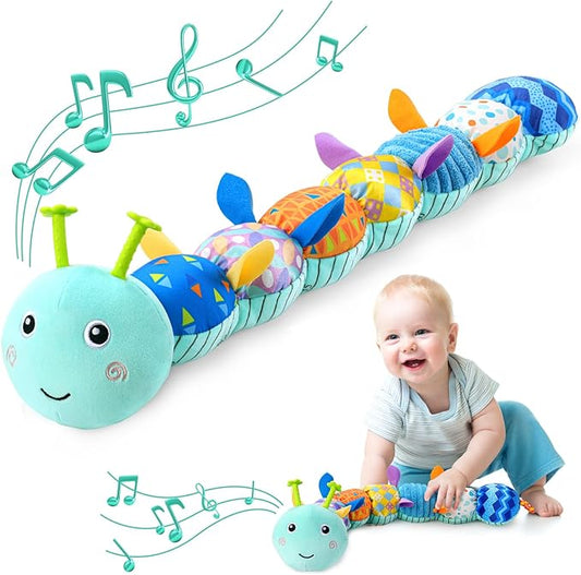 Baby Toys 0 to 12 Months, Musical Stuffed Animal Activity Soft Toy with Multi-Sensory Crinkle, Rattle and Textures, Infant Tummy Time Toys for Newborn Boys Girls, Caterpillar, Blue-PawvioPets