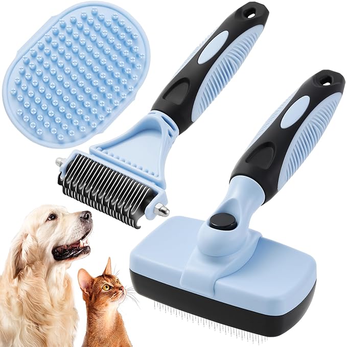 3PCS Cat & Dog Brush Set: Slicker & Deshedding Brush, Dematting Comb, and Bath Brush – Premium Grooming Tools for Shedding & Tangle-Free Fur (blue)-PawvioPets
