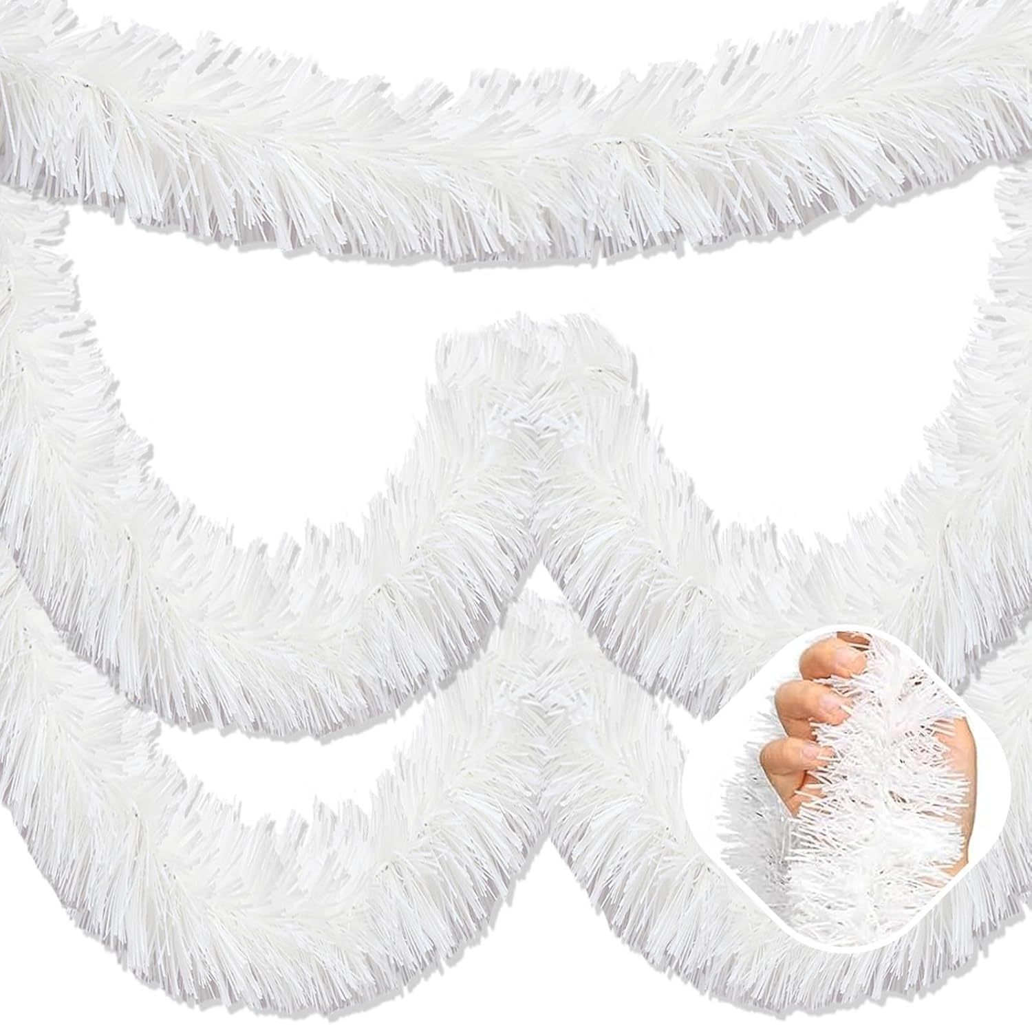 25 Feet Macaron White Christmas Tinsel Garland, Metallic Foil Twist Garland Wall Hanging Tinsel Banner Backdrop for Parade Floats, Easter, Mother's Day, Birthday Party Decorations (4in x 25ft)