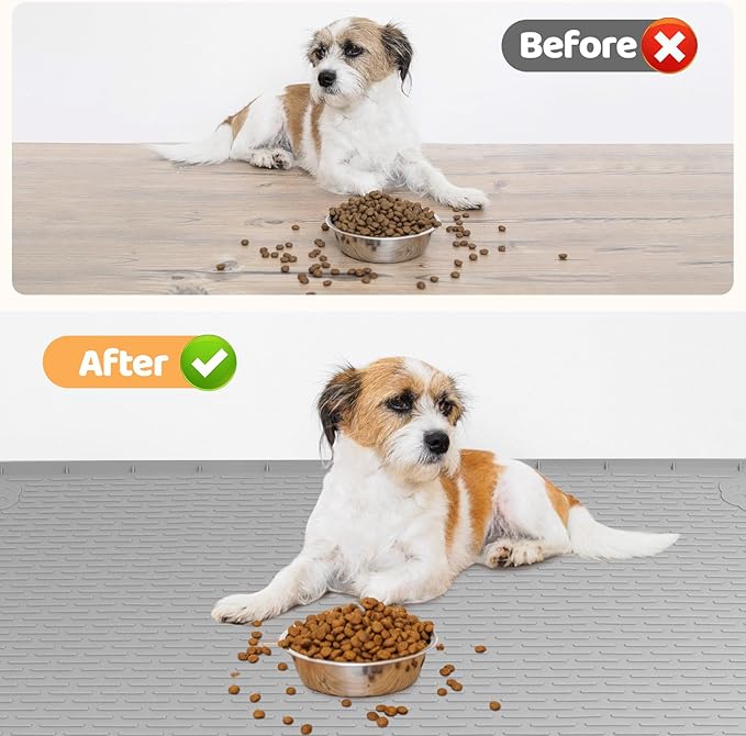 Dog Food Mat, Extra Large 50" x 35" Silicone Pet Feeding Mat with Raised Edge Pet Placemat for Small, Medium, and Large Pets Non-Slip, Easy to Clean (Grey)-PawvioPets