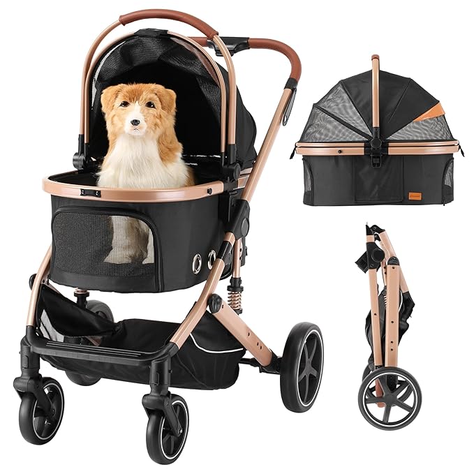 EchoSmile 4 in 1 Pet Stroller, Folding Lightweight Cat & Dog Stroller with Detachable Carrier, NO-Zip 180° Reversible Canopy, All Terrain 4-Wheel,45 lbs Capacity for Small to Medium Dogs-PawvioPets