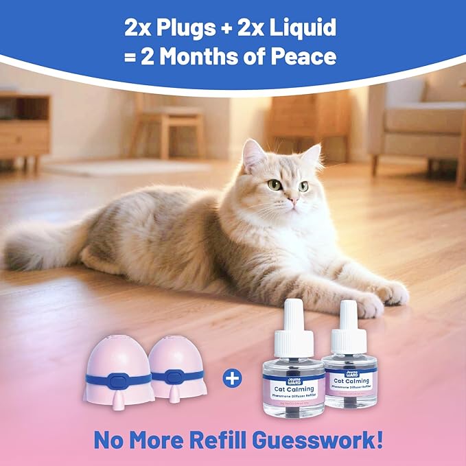 Cat Calming Diffuser, Cat Calming Pheromone Diffuser, Safe Cat Anxiety Relief, Lasts 60 Days, Reduce Stress, Cat Pheromone Diffuser (2Diffusers+2Refills), Calming Cat Pheromone Diffuser-PawvioPets