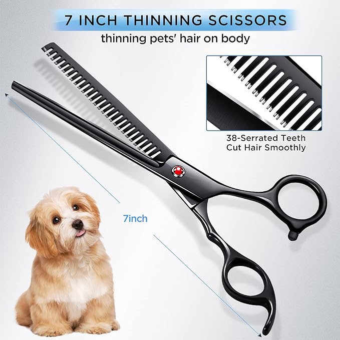 Gimars 7.0in Professional 4CR Stainless Steel Safety Round Tip 6 in 1 Dog Grooming Scissors Heavy Duty Titanium Coated Pet Grooming Scissor for Dogs, Cats and Other Animals-PawvioPets