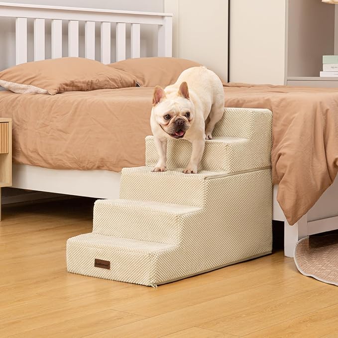 Dog Stairs for High Bed 22.6" H,5-Step Dog Steps for Small Dogs and Cats,Indoor Non-Slip Balanced Pet Stairs are Suitable for Puppy,Older Cat,Beige-PawvioPets