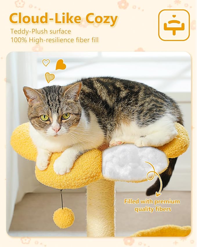 28" Flower Cat Tree Cute with Flower Top Perch, Large Hammock for Indoor Small Cats, Small Cat Tower with Cute Scratching Post and Fur Toy Ball for Kittens, Yellow-PawvioPets