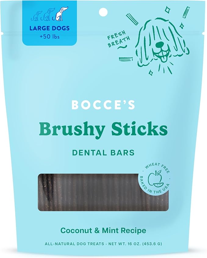 Bocce’s Bakery Dailies Brushy Sticks to Support Oral Health & Fresh Breath, Wheat-Free Dental Bars for Dogs, Made with Real Ingredients, Baked in the USA, All-Natural Coconut & Mint Recipe, Large Dogs-PawvioPets