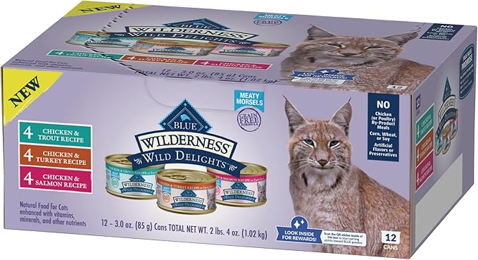 Blue Buffalo Wilderness Wild Delights High Protein Grain Free, Natural Adult Meaty Morsels Wet Cat Food, Ⲥhicken & Turkey, 𝙲hicken & Trout, 𝐂hicken & Salmon 3-oz cans (12 count - 4 of Each Flavor)-PawvioPets