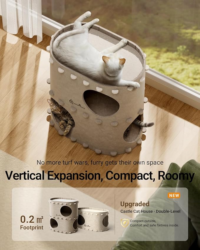 DownyPaws Cat House for Indoor Cats, 2-Storey Foldable Cat Bed Cave, Felt Cats Tunnel Bed Condo, Castle Kitten Cube Hideaway for Multicats, Scratch Resistant, Cream-PawvioPets