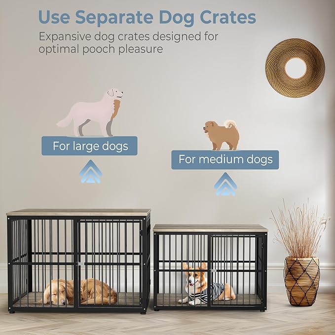 43'' Dog Crate Furniture with 3 Doors, XL Wooden Crate End Table, Heavy Duty Indoor Puppy Cage Kennel for Medium to Large Dogs, Multiple Units Can be Combined-PawvioPets