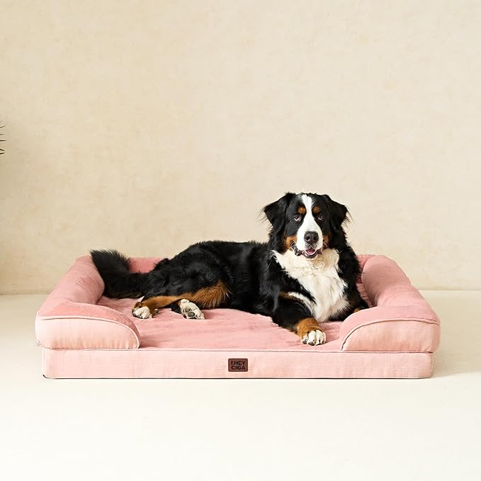 EHEYCIGA Orthopedic XL Dog Beds, Waterproof Memory Foam Dog Bed for Extra Large Dogs, Non-Slip Bottom and Egg-Crate Foam Big Pet Couch Bed with Washable Removable Cover, Dusty Pink-PawvioPets