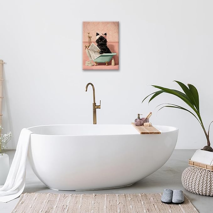 Cat Bathroom Wall Decor Black Cat Reading Newspaper in Bathtub Canvas Wall Art Funny Bathroom Pictures Kitten Painting Print Pink Artwork Framed Decorations Gifts 24"x20"-PawvioPets