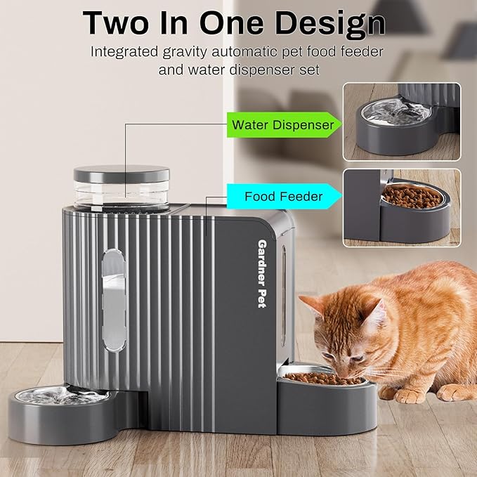 Gardner Pet Automatic Gravity Cat Food Feeder and Water Dispenser Stainless Steel Two-in-One Set Large Capacity Dispenser for Medium, Large Dogs, Puppies, Kittens, Rabbits-(1.6 Gallons x 2)-PawvioPets