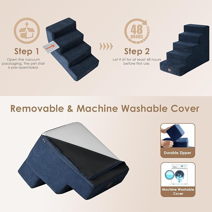 EHEYCIGA Dog Stairs for High Bed 22.5" H, 5-Step Dog Steps for Bed, Pet Steps for Small Dogs and Cats, Non-Slip Balanced Pet Ramp Indoor, Navy Blue-PawvioPets