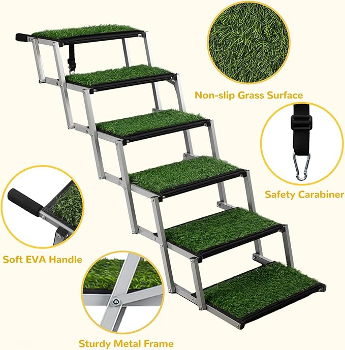 Dog Stairs for Car, Portable Folding Dog Ramps,Dog Steps for Large Dogs with Non-Slip Grass Rug for Cars, SUV, Trucks, Lightweight Pet Ramp Supports Up to 200 lb, 6 Steps-PawvioPets
