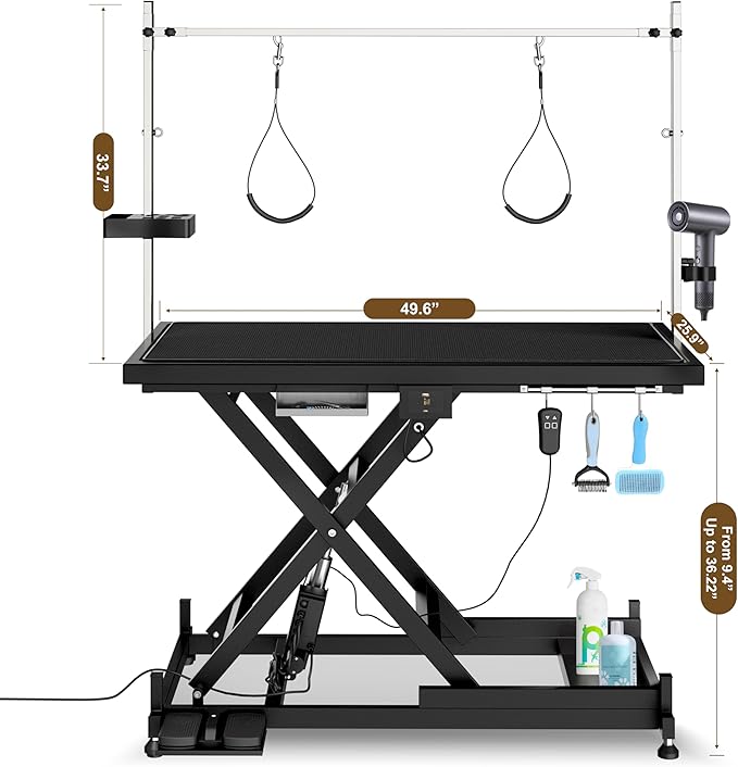 Electric Pet Grooming Table for Large Dogs - Professional Heavy Duty Height Adjustable Pet Grooming Station with Anti Slip Tabletop, Two Nooses & Tool Organizer, Maximum Capacity Up to 250 lbs Black-PawvioPets