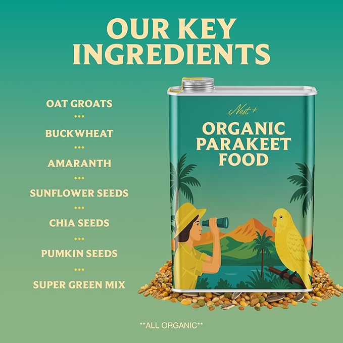 100% Organic Parakeet Food – Premium Bird Seed Mix with Oat Groats, Buckwheat, Amaranth, Super Veggies & Seeds – Reusable Tin + Stainless-Steel Scooper – Made in USA, Human Grade Ingredients (2lb)-PawvioPets