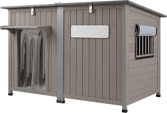 55" Extra Large Outdoor Dog House Weatherproof Wooden Doghouse Indoor for Large Breed Dogs with Anti Bite Frames with Window,10 Elevated Feet, Reinforced Bottom for Pet Up to 220LBS-PawvioPets