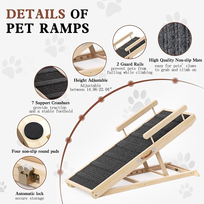 Dog Ramp for Bed, Couch, Car, Folding Pet Ramps 44.48" Long Adjustable 15"-22" Wooden Stairs with High Traction Mat & Safety Side Rails for Small & Medium Old Dogs & Cats, up to 200 lbs-PawvioPets