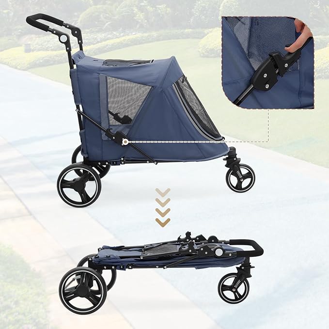 Athena Collection 3 Wheels Pet Stroller Fabric Dog Cart Dog Stroller for Large Dogs 55 Lbs Pet Stroller with Mesh Windows, Zipper Back Pocket, Safety Tether, Angle Adjustable Handlebar, Navy Blue-PawvioPets